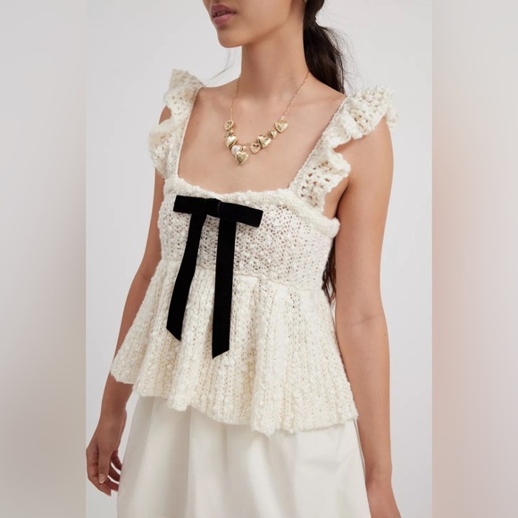 UO Kimchi Blue Cream Bea Ruffle Knit Sweater Babydoll Peplum Tank Top Bow - Picture 1 of 11
